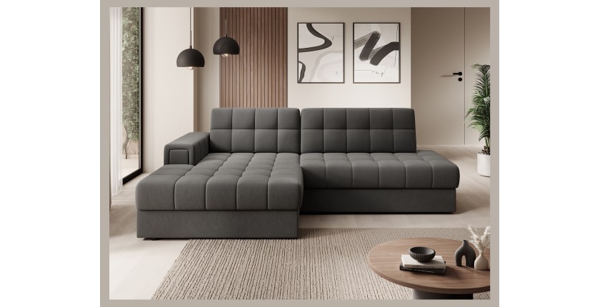 Canapé d’angle convertible CUBITO marron 240 cm avec coffre de rangement et couchage 