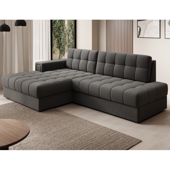 Canapé d’angle convertible CUBITO marron 240 cm avec coffre de rangement et couchage 