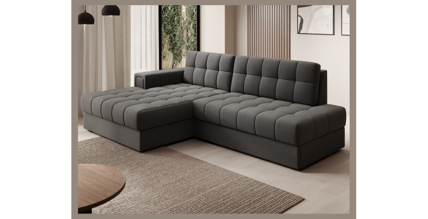 Canapé d’angle convertible CUBITO marron 240 cm avec coffre de rangement et couchage 
