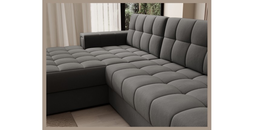 Canapé d’angle convertible CUBITO marron 240 cm avec coffre de rangement et couchage 