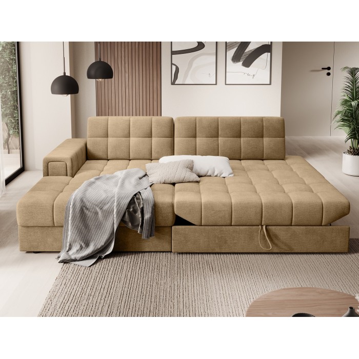 Canapé d’angle convertible CUBITO beige 240 cm avec coffre de rangement et couchage 