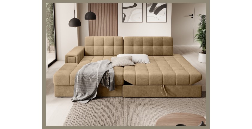 Canapé d’angle convertible CUBITO beige 240 cm avec coffre de rangement et couchage 