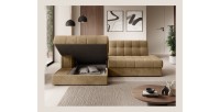 Canapé d’angle convertible CUBITO beige 240 cm avec coffre de rangement et couchage 