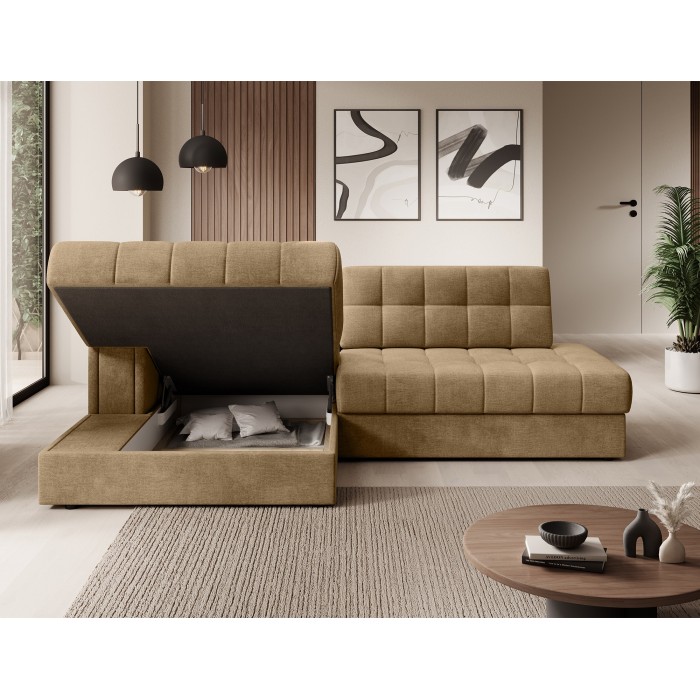 Canapé d’angle convertible CUBITO beige 240 cm avec coffre de rangement et couchage 