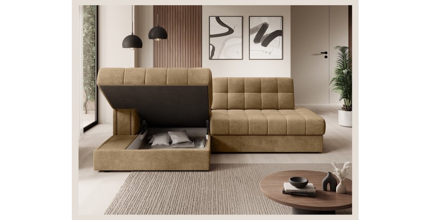 Canapé d’angle convertible CUBITO beige 240 cm avec coffre de rangement et couchage 