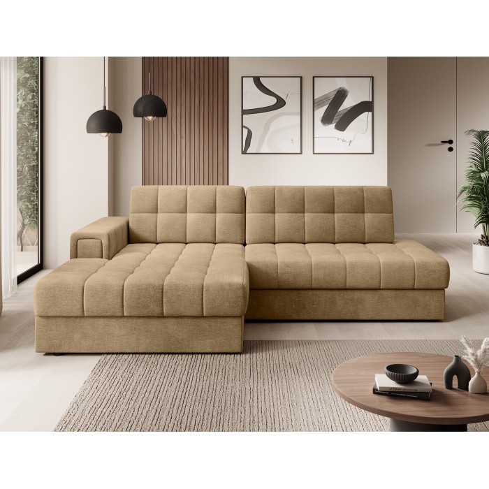 Canapé d’angle convertible CUBITO beige 240 cm avec coffre de rangement et couchage 