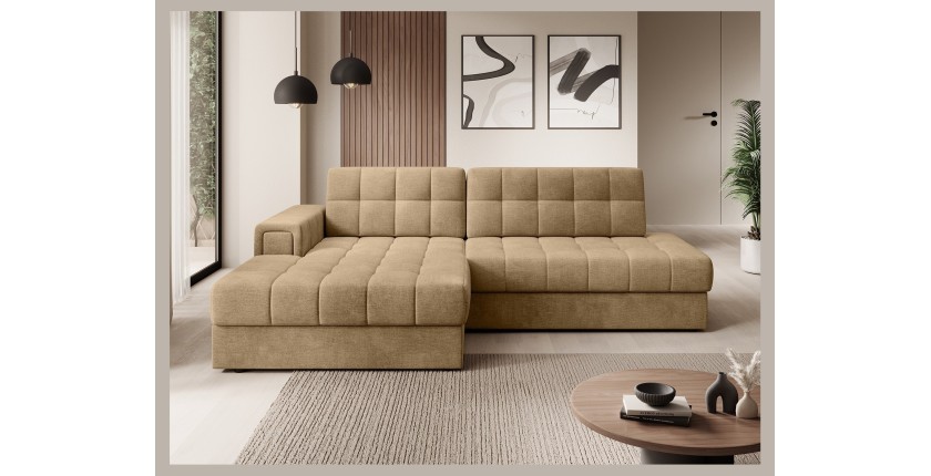 Canapé d’angle convertible CUBITO beige 240 cm avec coffre de rangement et couchage 