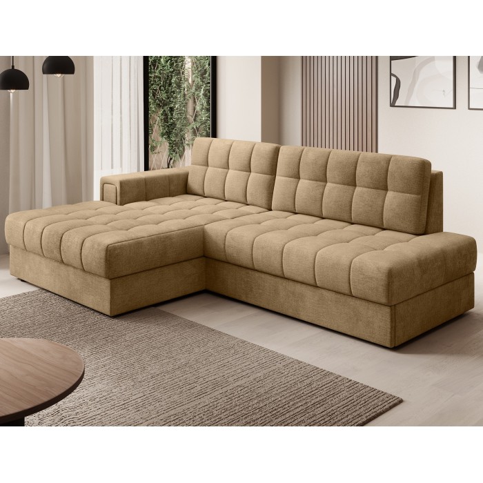 Canapé d’angle convertible CUBITO beige 240 cm avec coffre de rangement et couchage 