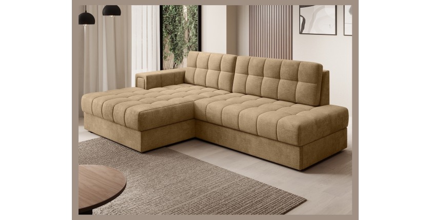 Canapé d’angle convertible CUBITO beige 240 cm avec coffre de rangement et couchage 