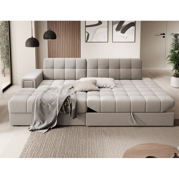 Canapé d’angle convertible CUBITO beige 240 cm avec coffre de rangement et couchage 