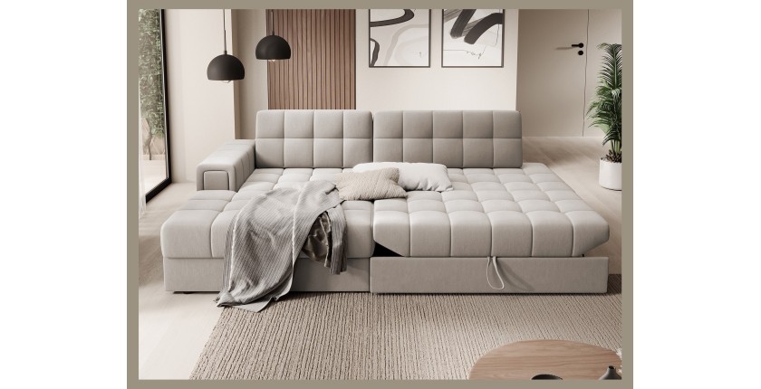 Canapé d’angle convertible CUBITO beige 240 cm avec coffre de rangement et couchage 