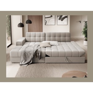 Canapé d’angle convertible CUBITO beige 240 cm avec coffre de rangement et couchage 