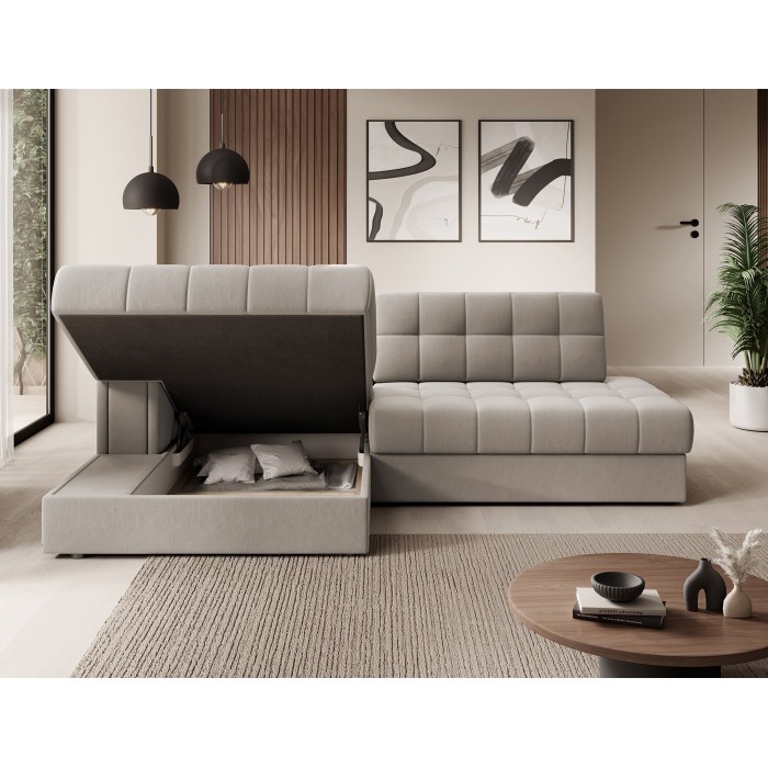 Canapé d’angle convertible CUBITO beige 240 cm avec coffre de rangement et couchage 