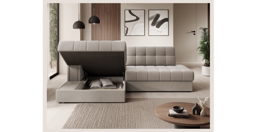 Canapé d’angle convertible CUBITO beige 240 cm avec coffre de rangement et couchage 