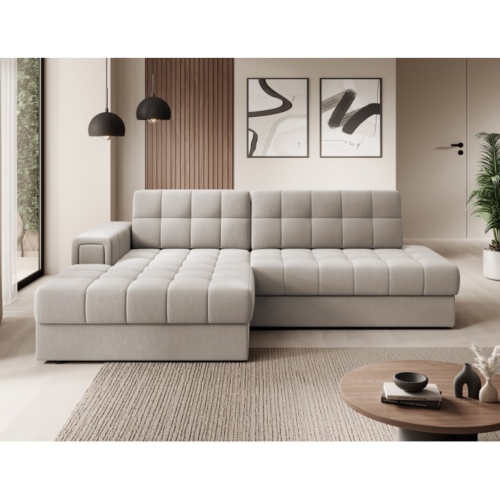 Canapé d’angle convertible CUBITO beige 240 cm avec coffre de rangement et couchage 