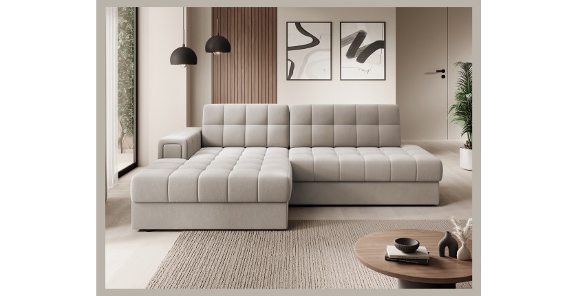 Canapé d’angle convertible CUBITO beige 240 cm avec coffre de rangement et couchage 