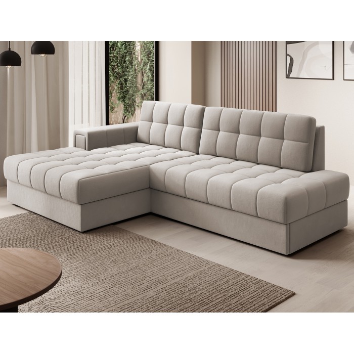 Canapé d’angle convertible CUBITO beige 240 cm avec coffre de rangement et couchage 