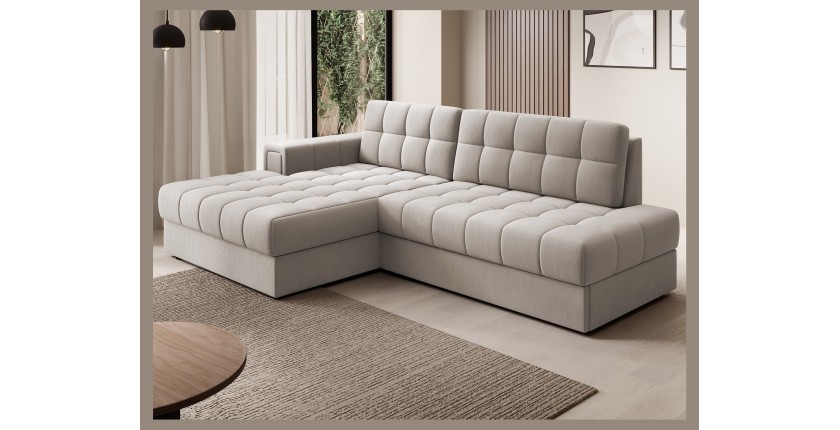 Canapé d’angle convertible CUBITO beige 240 cm avec coffre de rangement et couchage 