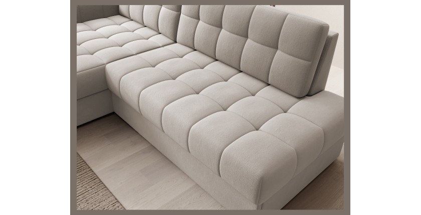 Canapé d’angle convertible CUBITO beige 240 cm avec coffre de rangement et couchage 