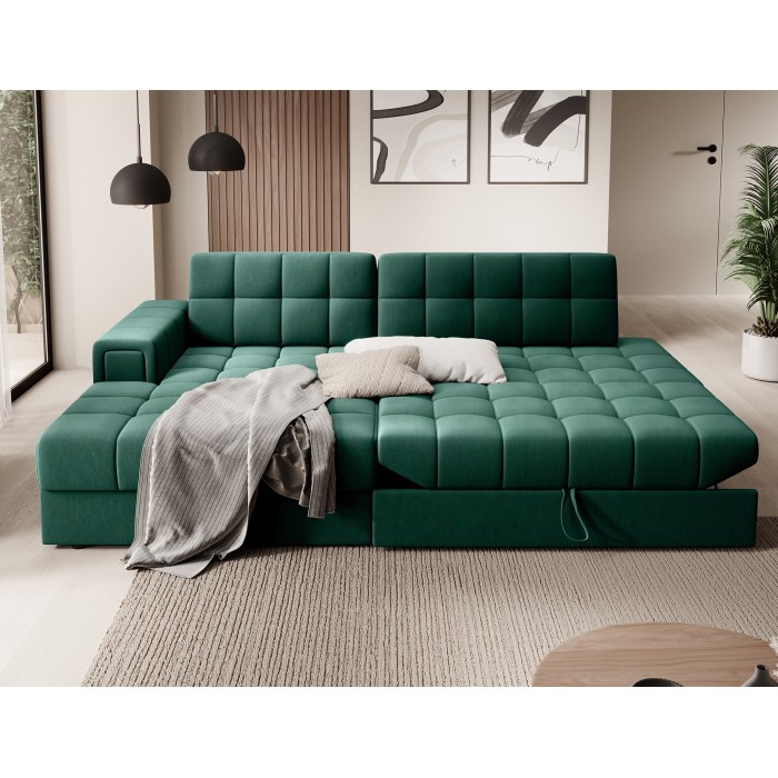 Canapé d’angle convertible CUBITO vert 240 cm avec coffre de rangement et couchage 