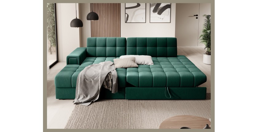 Canapé d’angle convertible CUBITO vert 240 cm avec coffre de rangement et couchage 