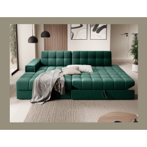 Canapé d’angle convertible CUBITO vert 240 cm avec coffre de rangement et couchage 