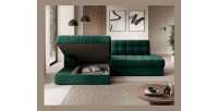 Canapé d’angle convertible CUBITO vert 240 cm avec coffre de rangement et couchage 
