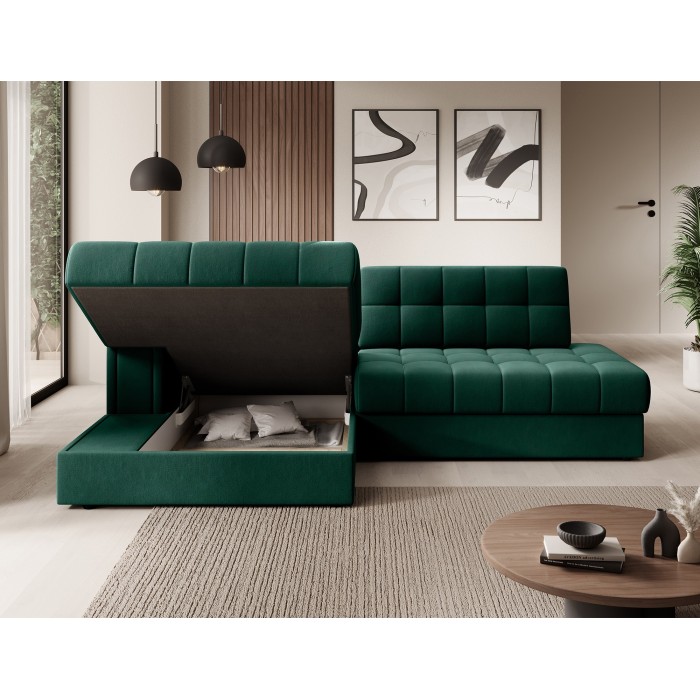 Canapé d’angle convertible CUBITO vert 240 cm avec coffre de rangement et couchage 