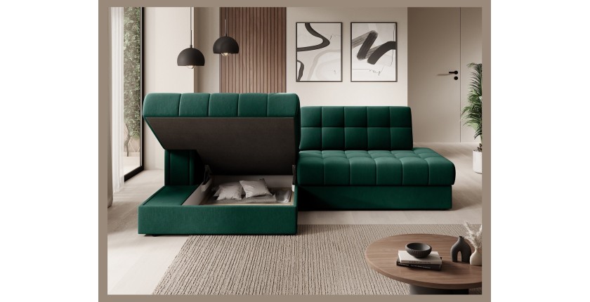 Canapé d’angle convertible CUBITO vert 240 cm avec coffre de rangement et couchage 