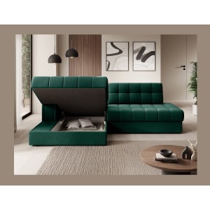 Canapé d’angle convertible CUBITO vert 240 cm avec coffre de rangement et couchage 