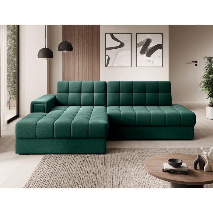 Canapé d’angle convertible CUBITO vert 240 cm avec coffre de rangement et couchage 