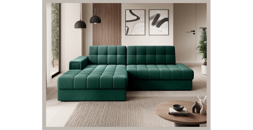 Canapé d’angle convertible CUBITO vert 240 cm avec coffre de rangement et couchage 