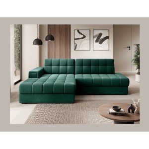 Canapé d’angle convertible CUBITO vert 240 cm avec coffre de rangement et couchage 