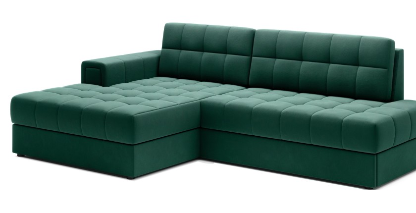 Canapé d’angle convertible CUBITO vert 240 cm avec coffre de rangement et couchage 