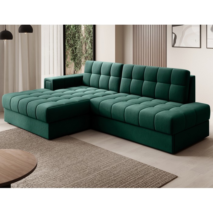 Canapé d’angle convertible CUBITO vert 240 cm avec coffre de rangement et couchage 