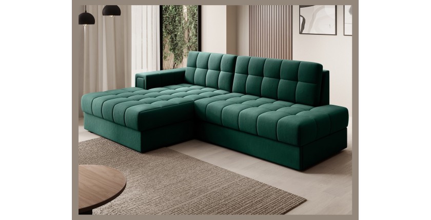 Canapé d’angle convertible CUBITO vert 240 cm avec coffre de rangement et couchage 