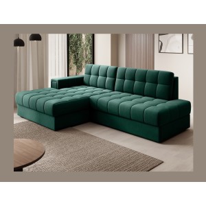 Canapé d’angle convertible CUBITO vert 240 cm avec coffre de rangement et couchage 