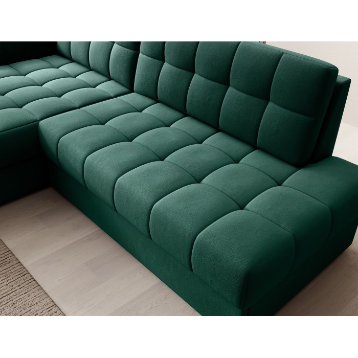Canapé d’angle convertible CUBITO vert 240 cm avec coffre de rangement et couchage 
