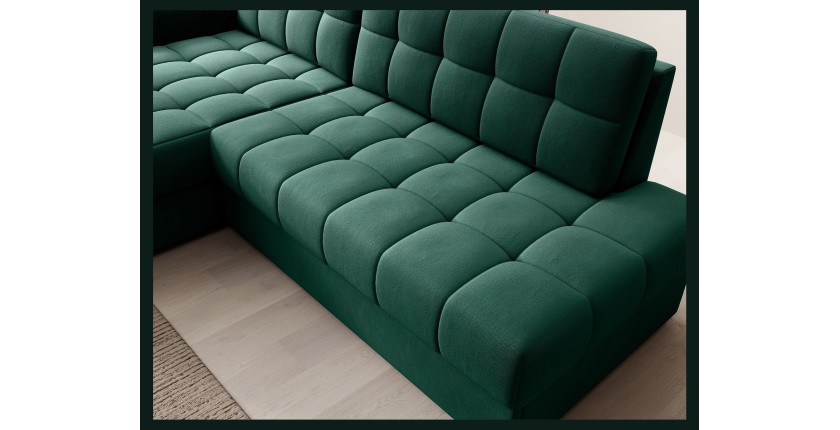 Canapé d’angle convertible CUBITO vert 240 cm avec coffre de rangement et couchage 