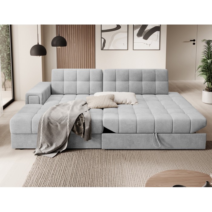 Canapé d’angle convertible CUBITO gris 240 cm avec coffre de rangement angle gauche 