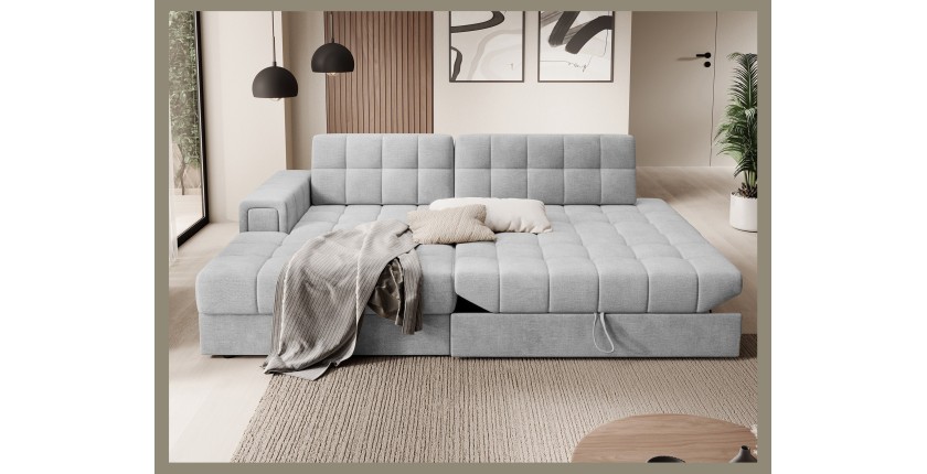Canapé d’angle convertible CUBITO gris 240 cm avec coffre de rangement angle gauche 