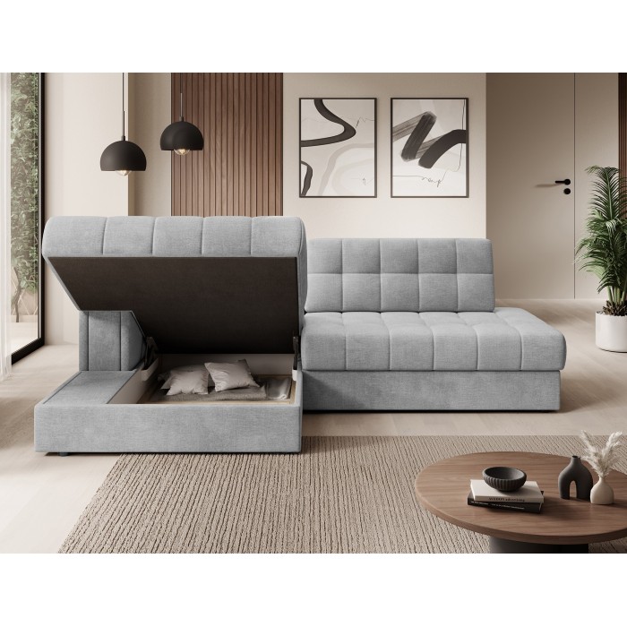 Canapé d’angle convertible CUBITO gris 240 cm avec coffre de rangement angle gauche 