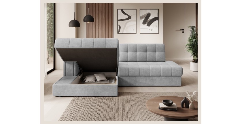 Canapé d’angle convertible CUBITO gris 240 cm avec coffre de rangement angle gauche 