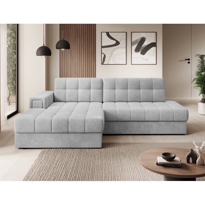 Canapé d’angle convertible CUBITO gris 240 cm avec coffre de rangement angle gauche 