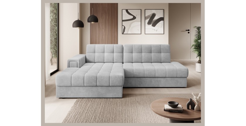 Canapé d’angle convertible CUBITO gris 240 cm avec coffre de rangement angle gauche 