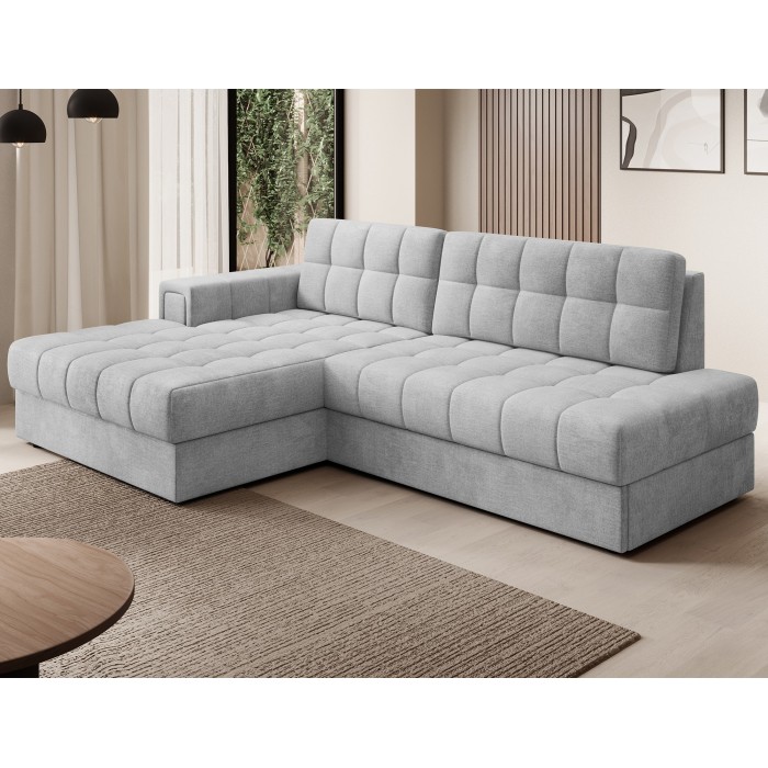 Canapé d’angle convertible CUBITO gris 240 cm avec coffre de rangement angle gauche 