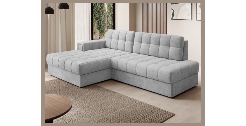 Canapé d’angle convertible CUBITO gris 240 cm avec coffre de rangement angle gauche 