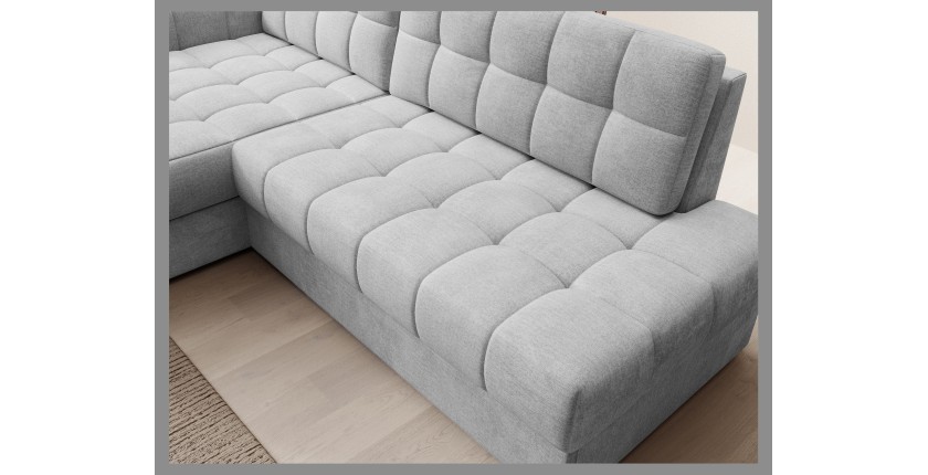 Canapé d’angle convertible CUBITO gris 240 cm avec coffre de rangement angle gauche 