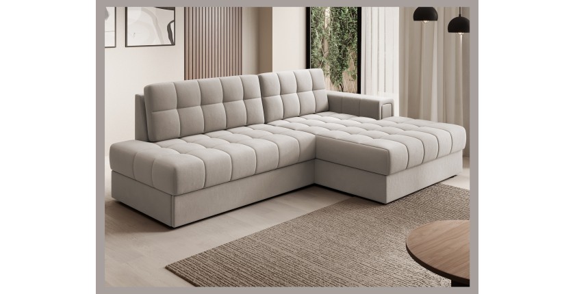 Canapé d’angle convertible CUBITO beige 240 cm avec coffre et couchage