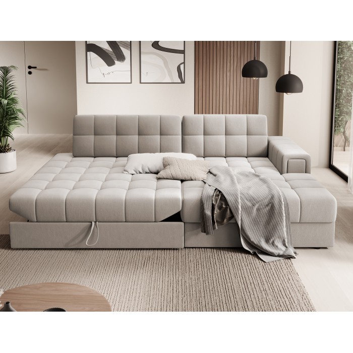 Sofá esquinero convertible CUBITO beige 240 cm con almacenamiento y cama